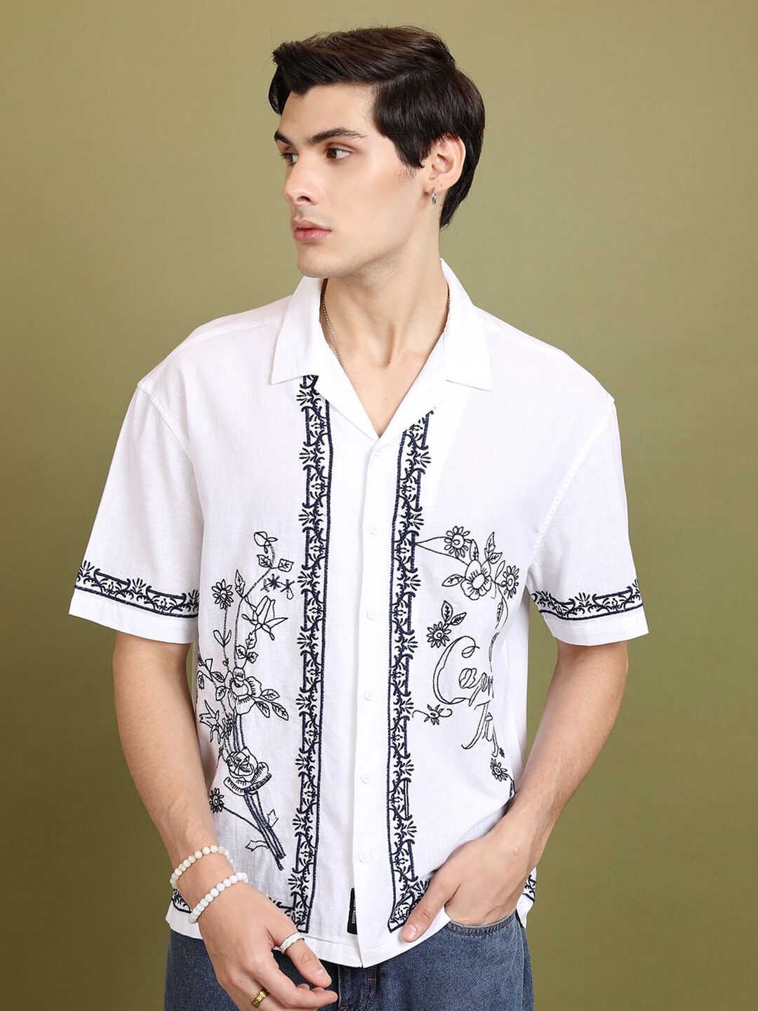 HIGHLANDER Embroidered Cuban Collar Casual Cotton Linen Oversized Shirt