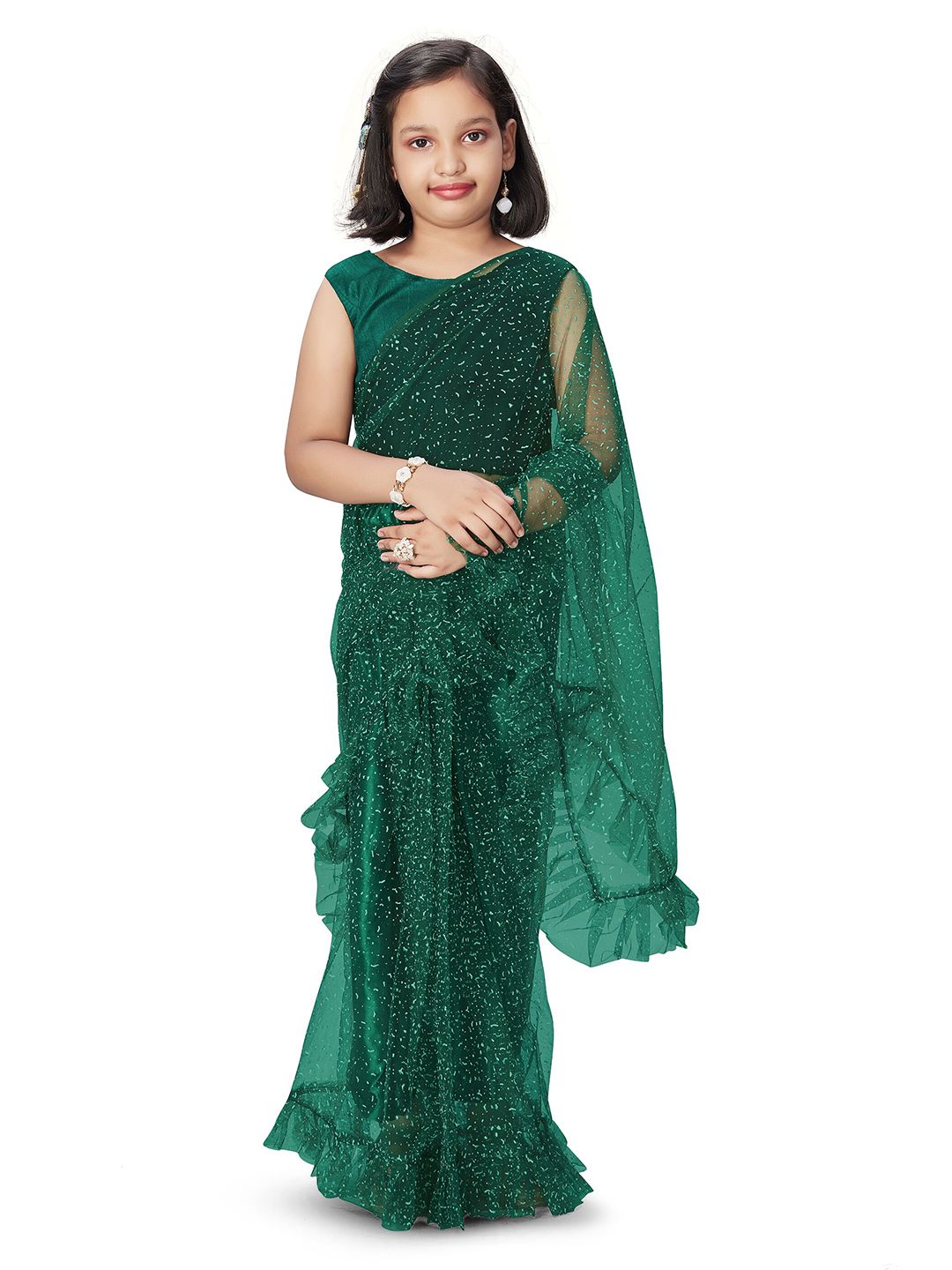 LOOKS AND LIKES Girls Embellished Ruffles Net Saree-picture-20