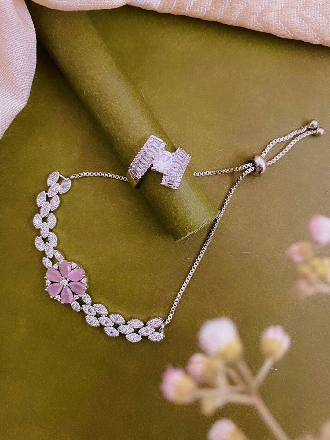 ATIBELLE Silver-Plated Cubic Zirconia-Studded Bracelet & Ring