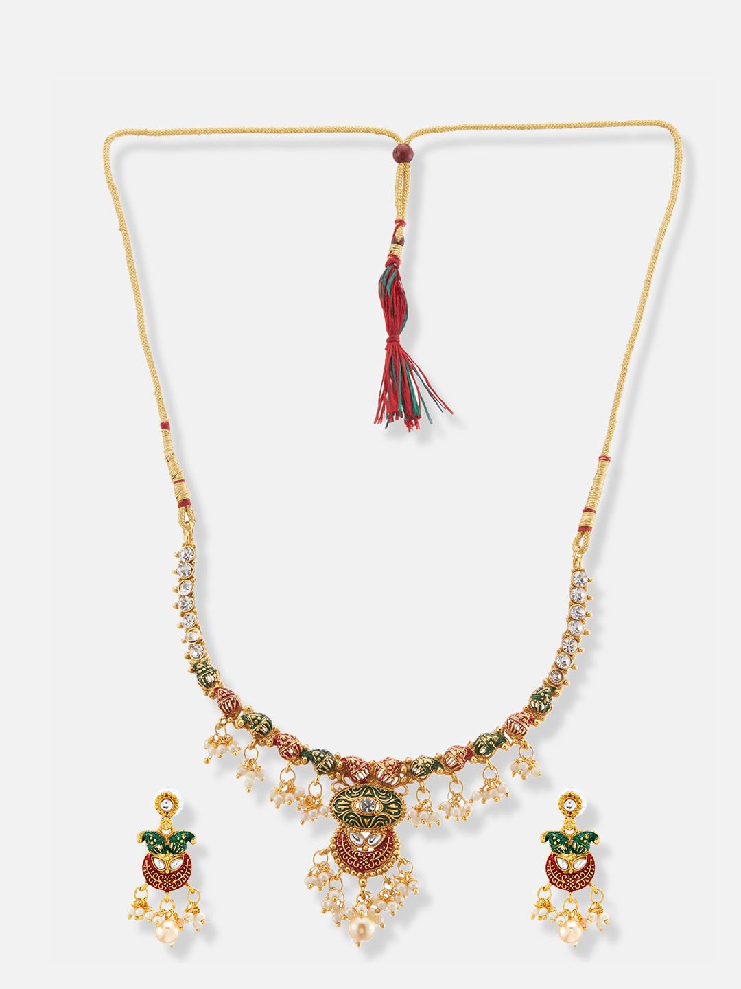 ATIBELLE Gold-Plated Stone-Studded & Beaded Necklace and Earrings With Maang Tika