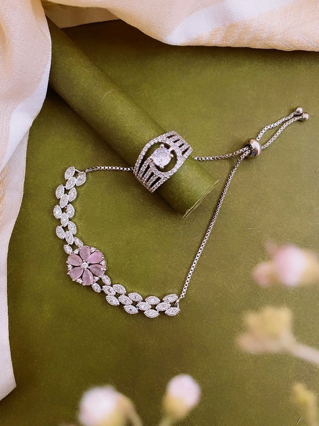 ATIBELLE Silver-Plated Cubic Zirconia-Studded Bracelet & Ring