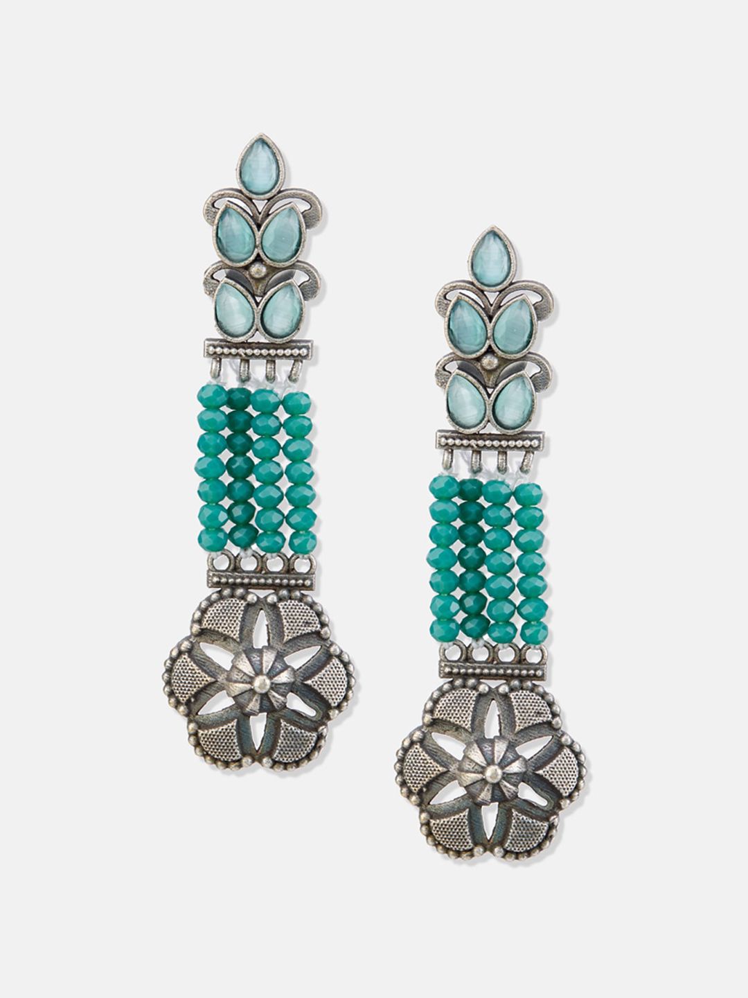 ATIBELLE Silver-Plated Artificial Stones & Beads Studded Drop Earrings