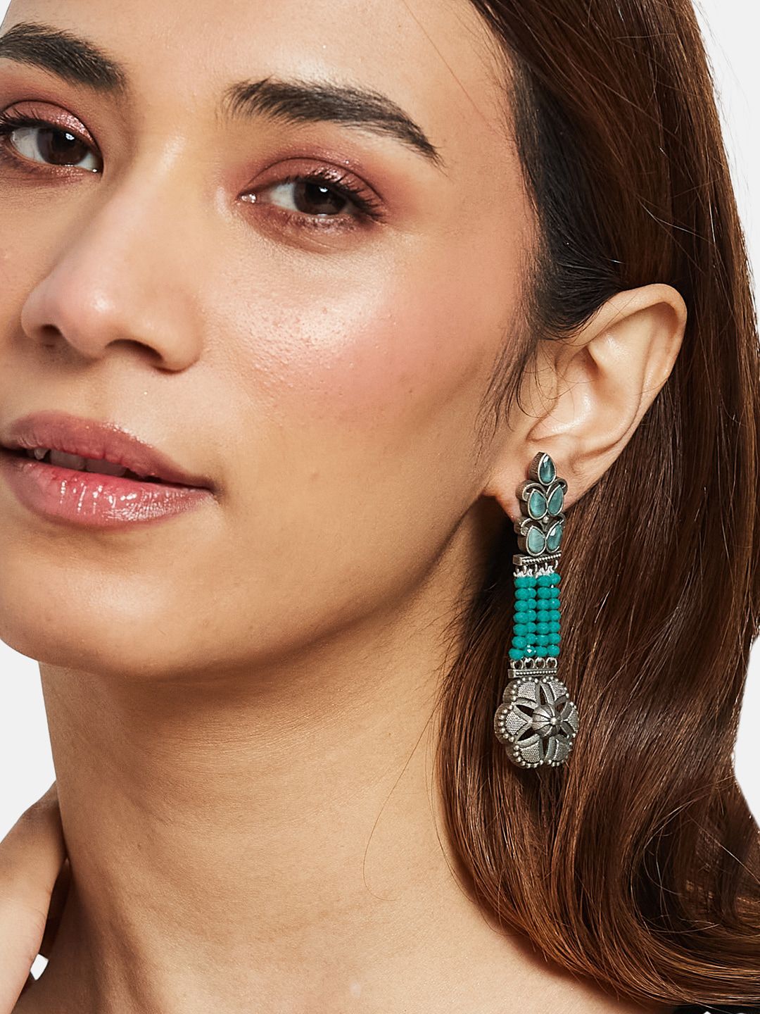 ATIBELLE Silver-Plated Artificial Stones & Beads Studded Drop Earrings