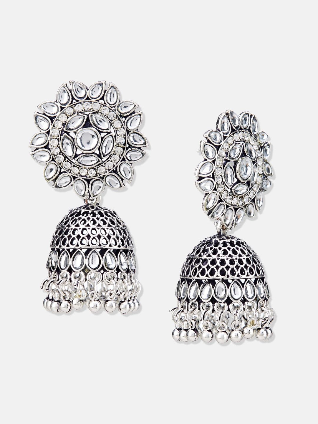ATIBELLE Silver-Plated Kundan Studded Jhumkas