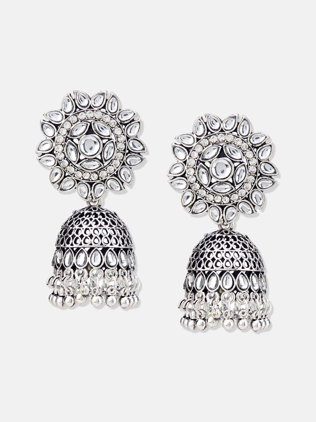 ATIBELLE Silver-Plated Kundan Studded Jhumkas