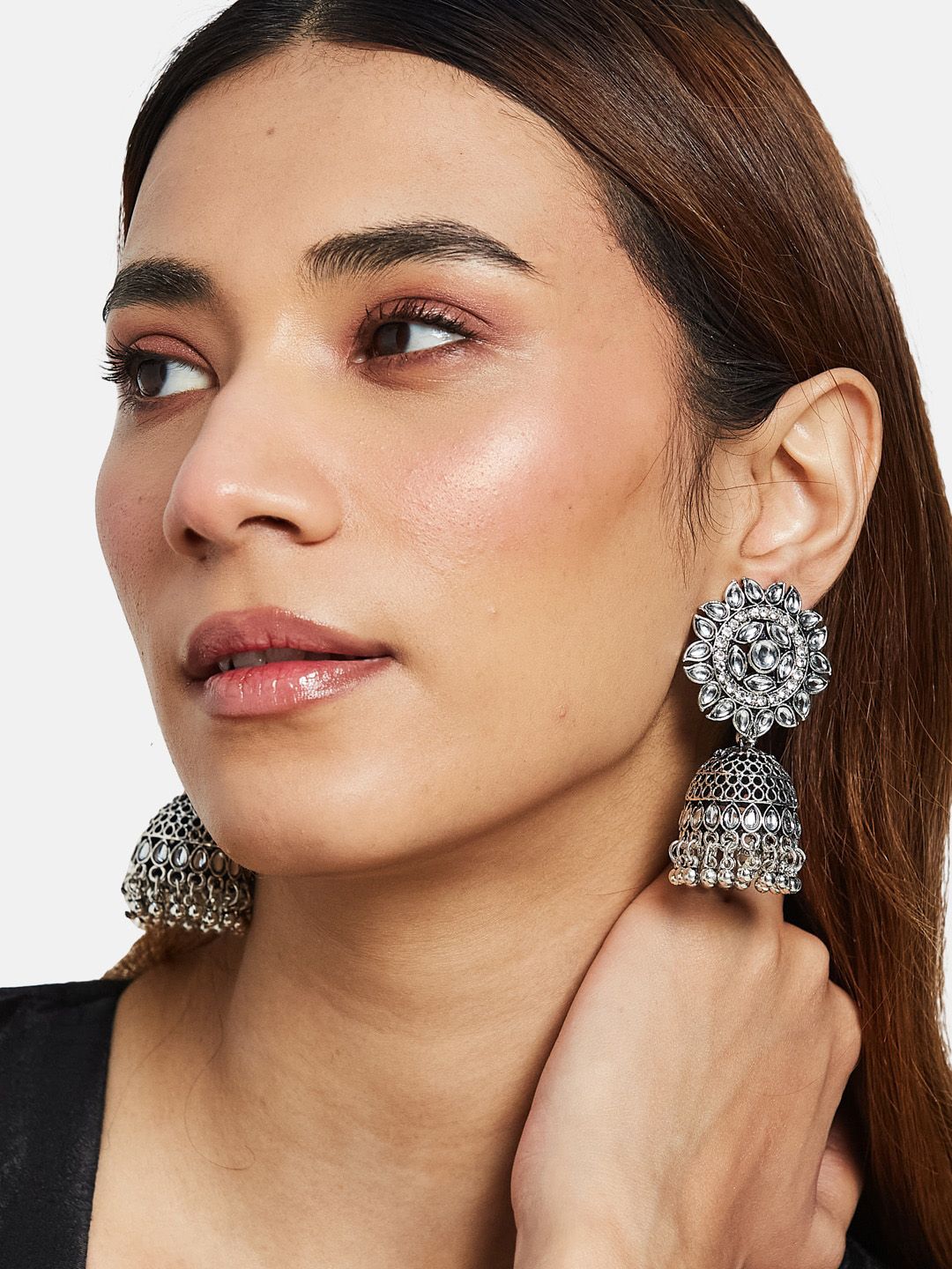 ATIBELLE Silver-Plated Kundan Studded Jhumkas