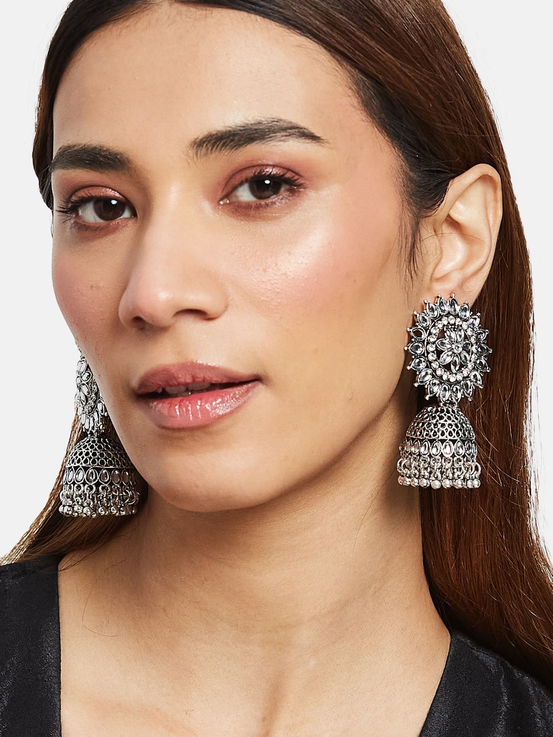 ATIBELLE Silver-Plated Kundan-Studded Jhumkas
