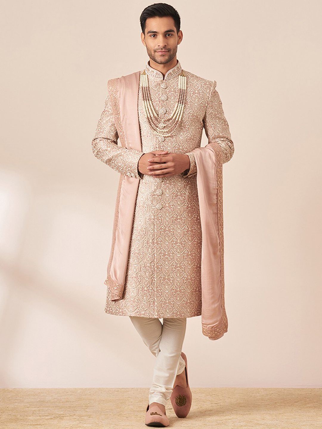 Twamev Ethnic Motifs Embroidered Art Silk Sherwani Set-image-5