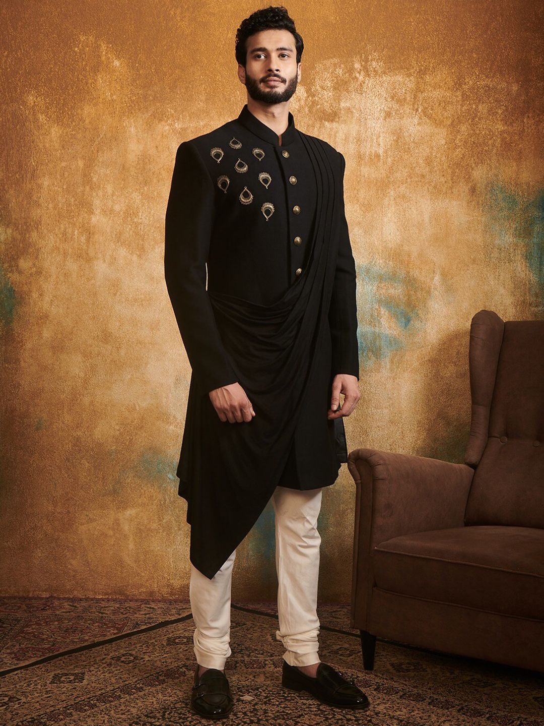 Twamev Embroidered Raw Silk Indo Western Set-image-46