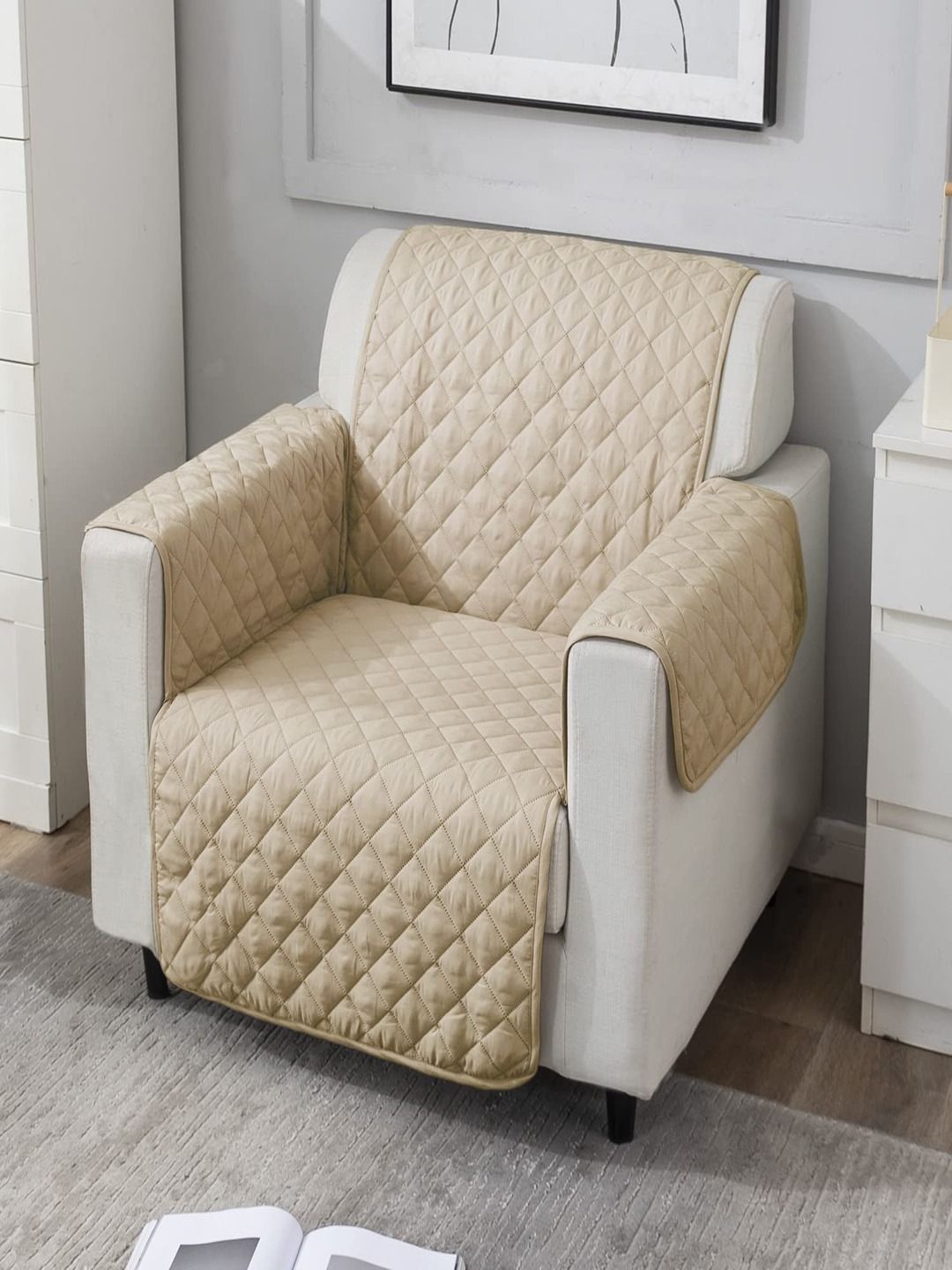 HOKIPO Beige 100 GSM Quilted 1 Seater Sofa Cover-picture-17