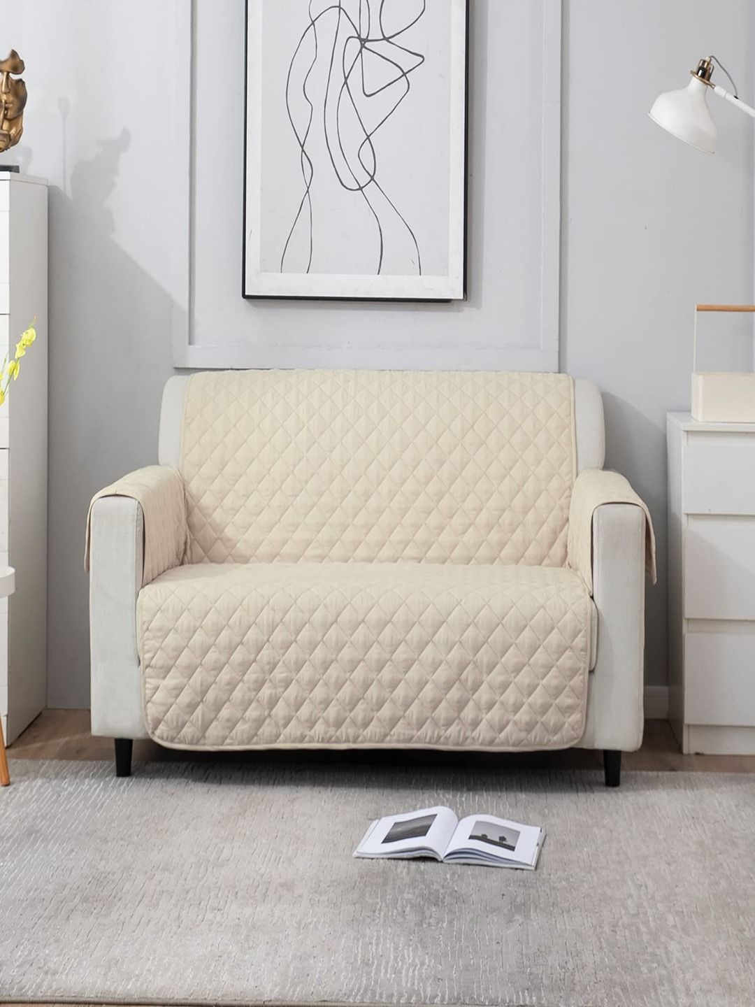 HOKIPO Cream Colored Quilted 2-Seater Sofa Cover-picture-16