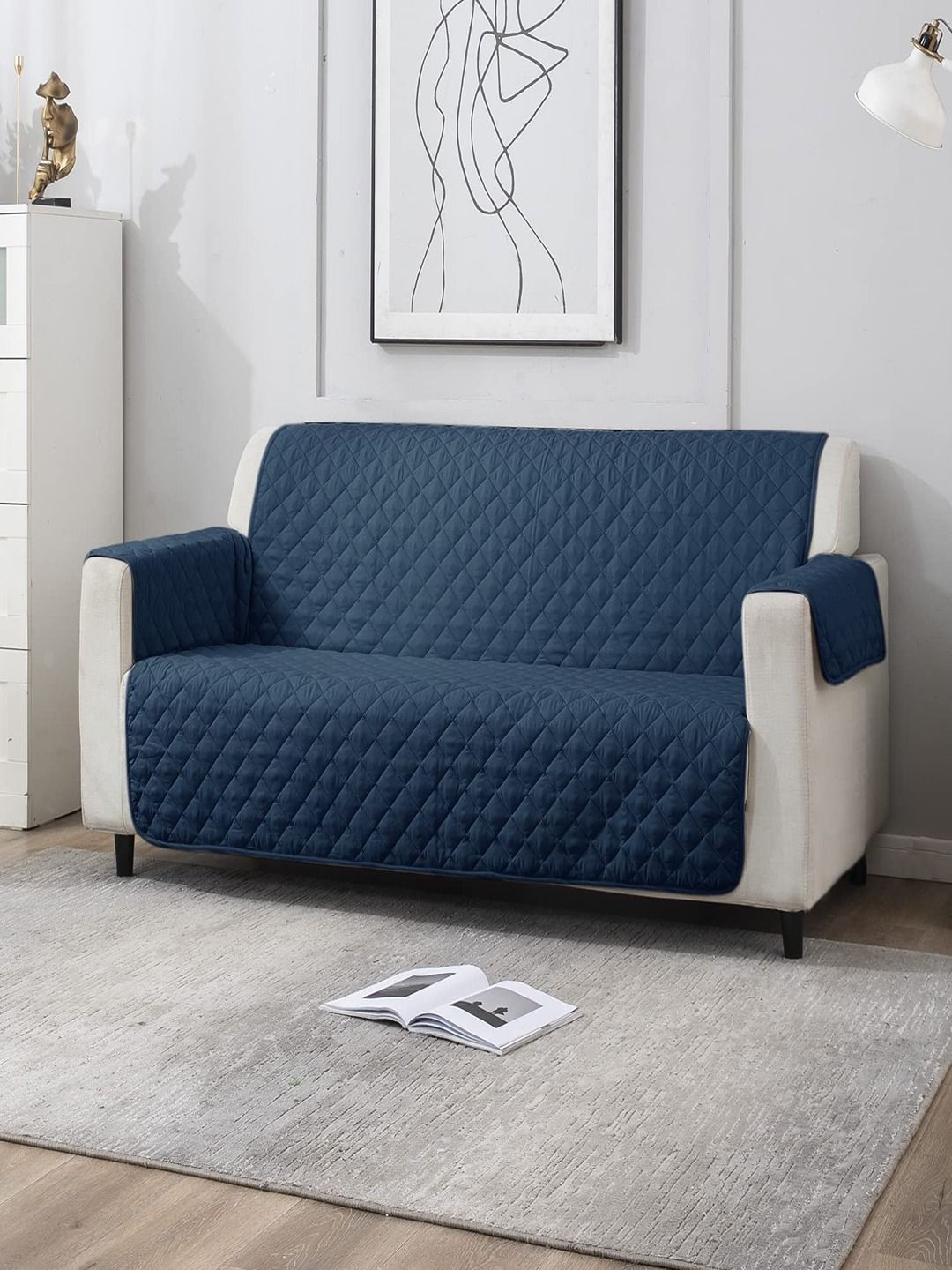 HOKIPO Navy Blue 100 GSM Quilted 3 Seater Sofa Cover-picture-24