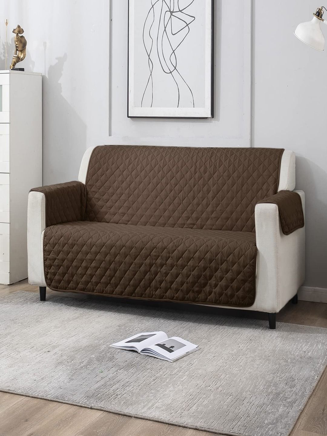 HOKIPO Brown 100 GSM Quilted 3 Seater Sofa Cover-picture-5