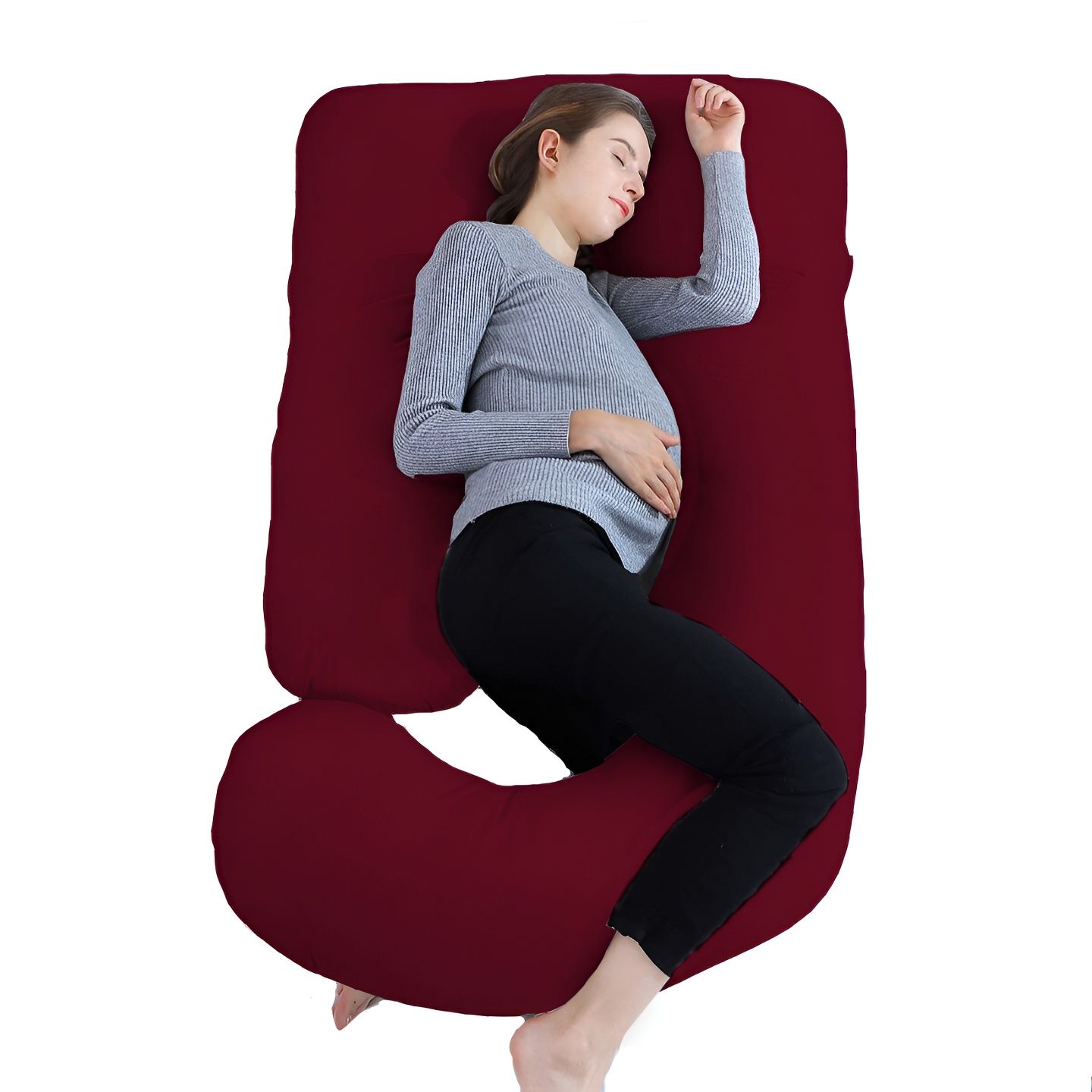 Mom's Moon Maroon Cotton Lightweight Maternity J Shaped Pillow-image-12