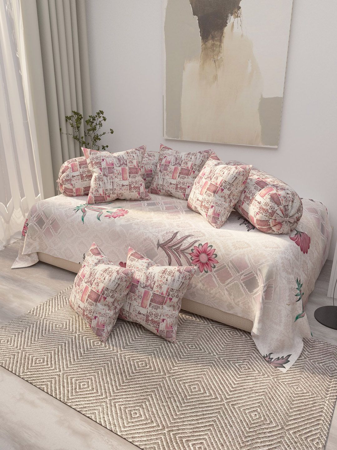EverHOME 8-Pcs White & Pink Printed Cotton Diwan Set