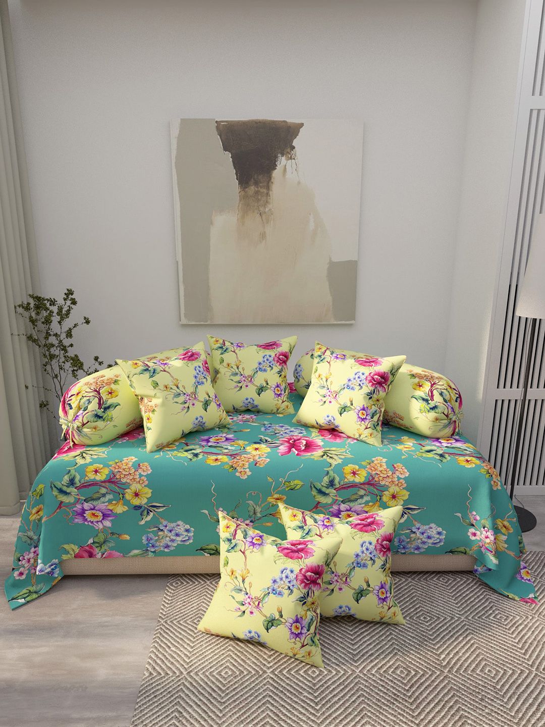 EverHOME 8-Pcs Blue & Pink Printed Cotton Diwan Set-image-40