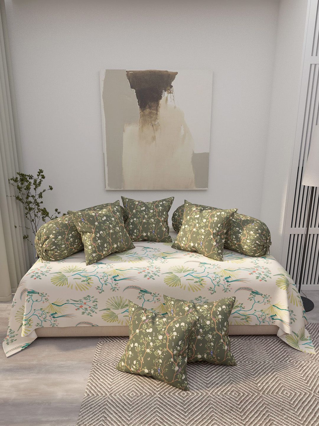 EverHOME White Green 8 Pieces Printed Cotton Diwan Set