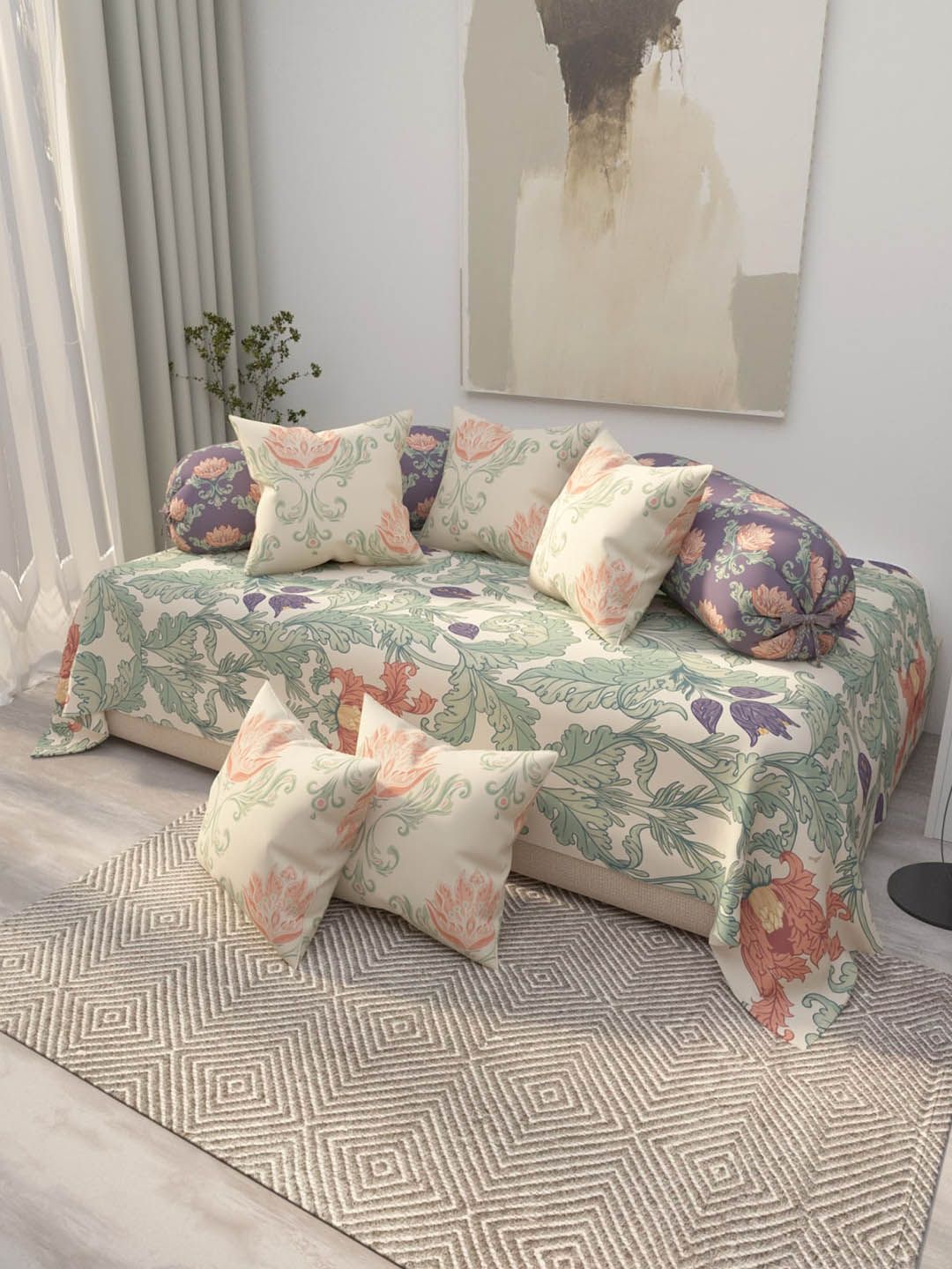 EverHOME 8-Pcs Cream & Green Printed Cotton Diwan Set