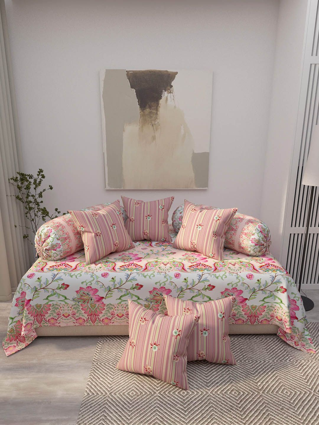EverHOME 8-Pcs White & Pink Printed Cotton Diwan Set-picture-55