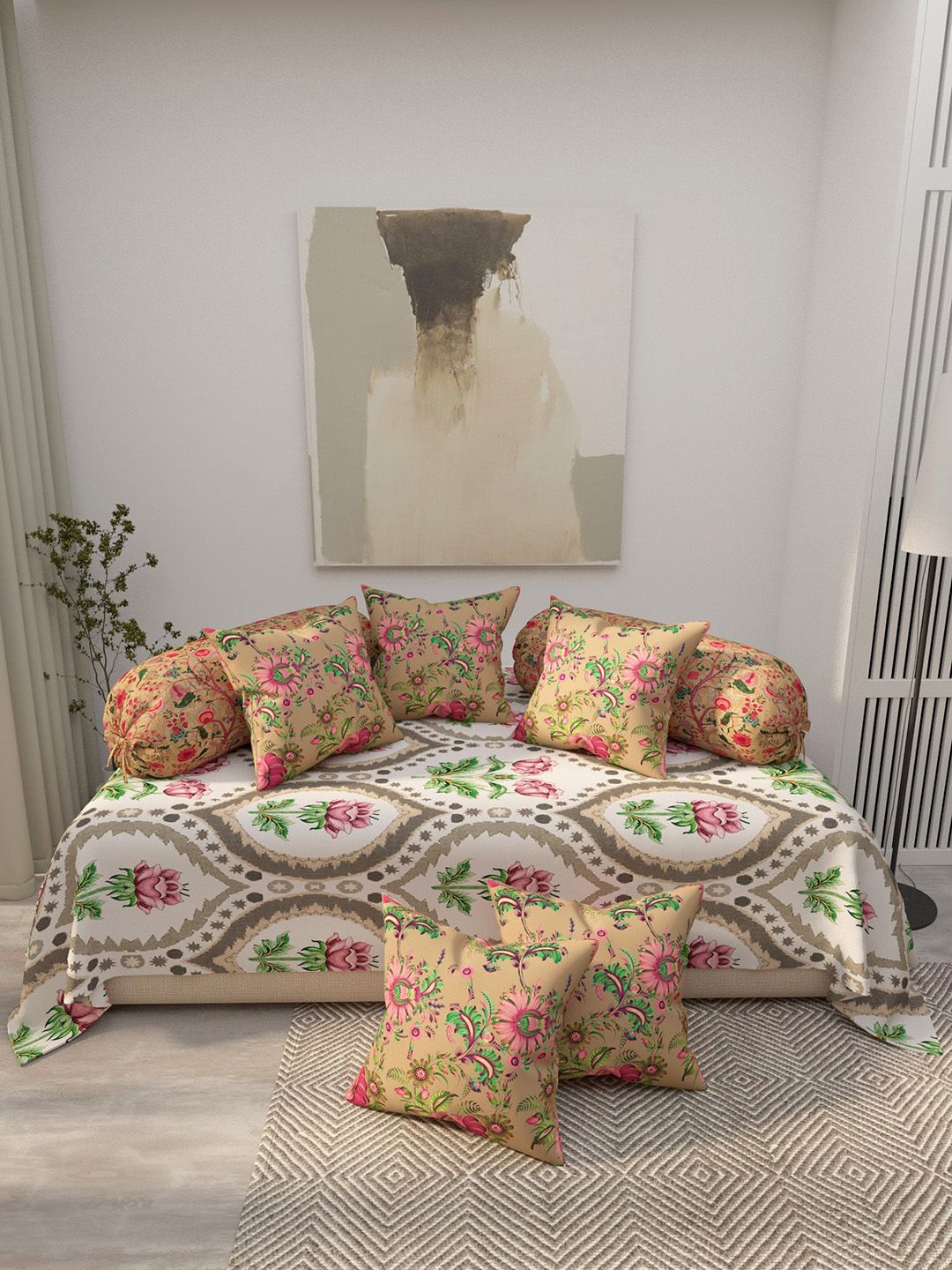 EverHOME 8-Pcs White & Pink Printed Cotton Diwan Set