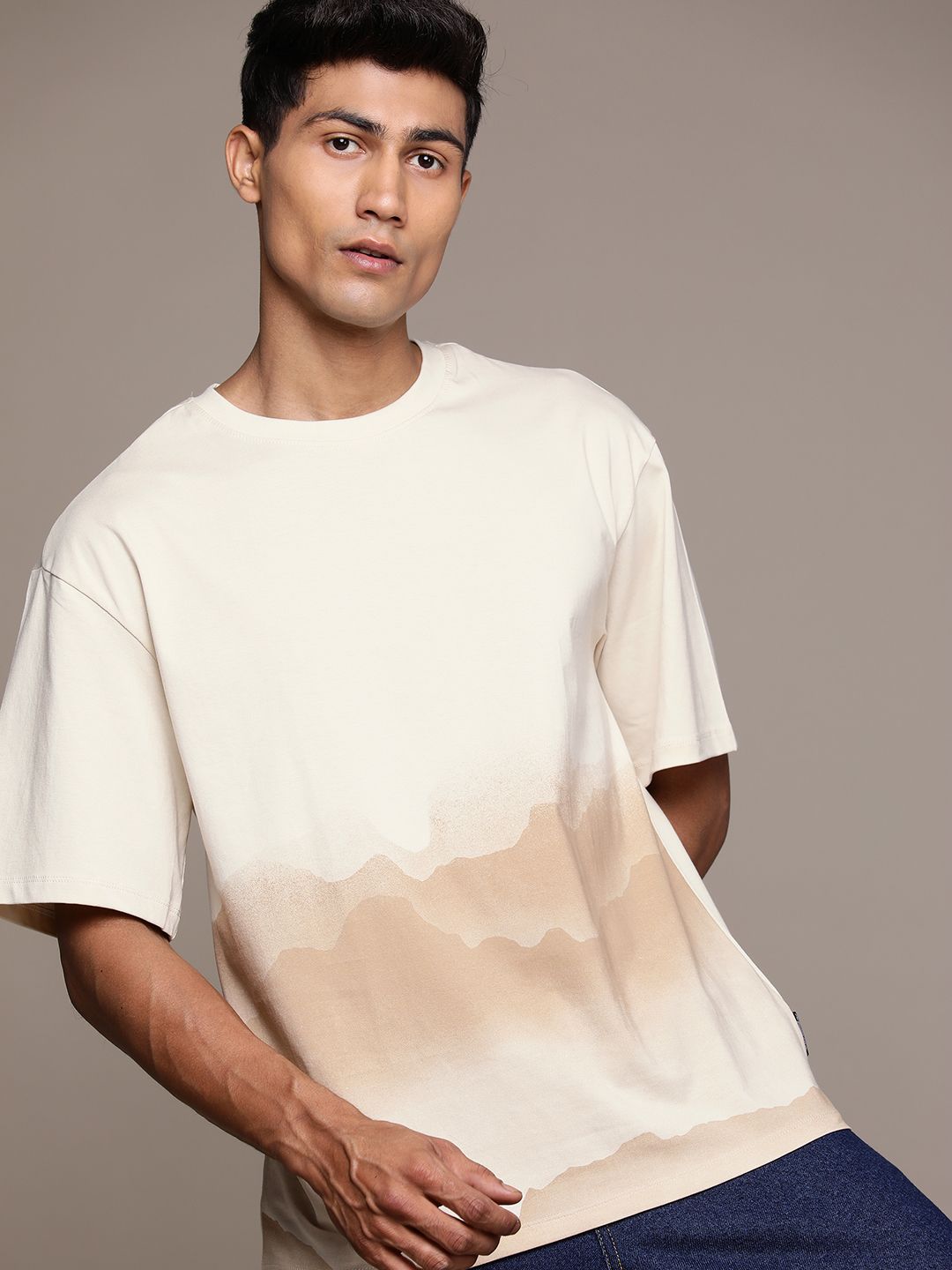 The Roadster Lifestyle Co. Dyed Drop-Shoulder Sleeves Pure Cotton Relaxed T-shirt