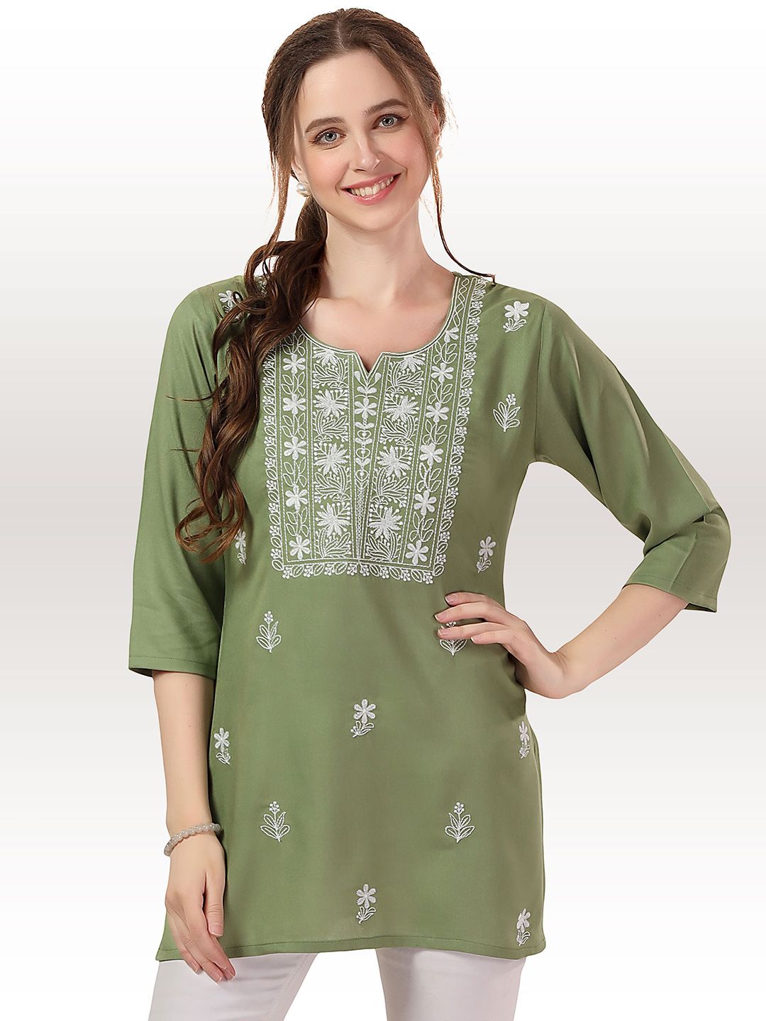 keshubaba Ethnic Motifs Chikankari Embroidered Three-Quarter Sleeve Straight Kurti-picture-20