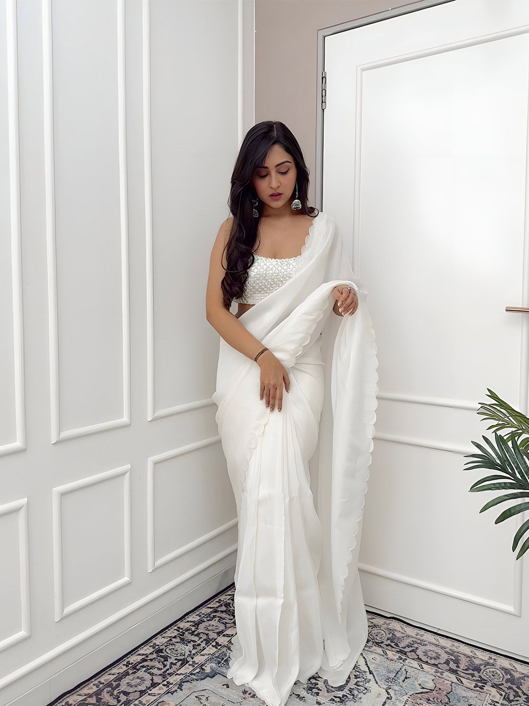 Anouk White & Silver-Toned Embroidered Silk Blend Saree