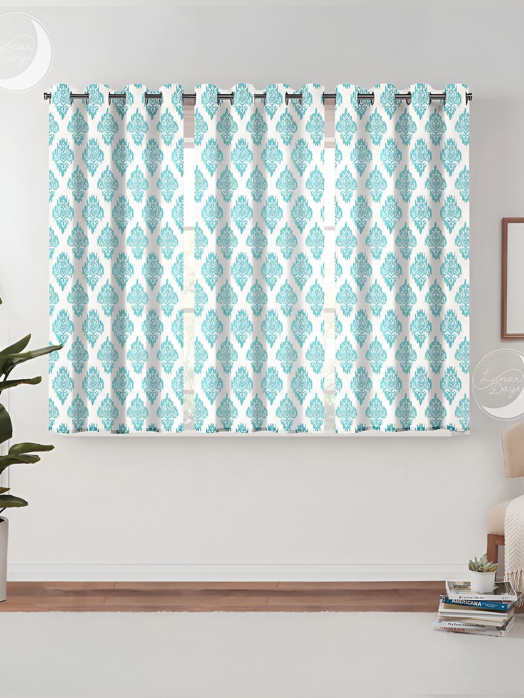 Lunar Days White & Blue 3 Pieces Ethnic Motifs Room Darkening Window Curtains-image-24