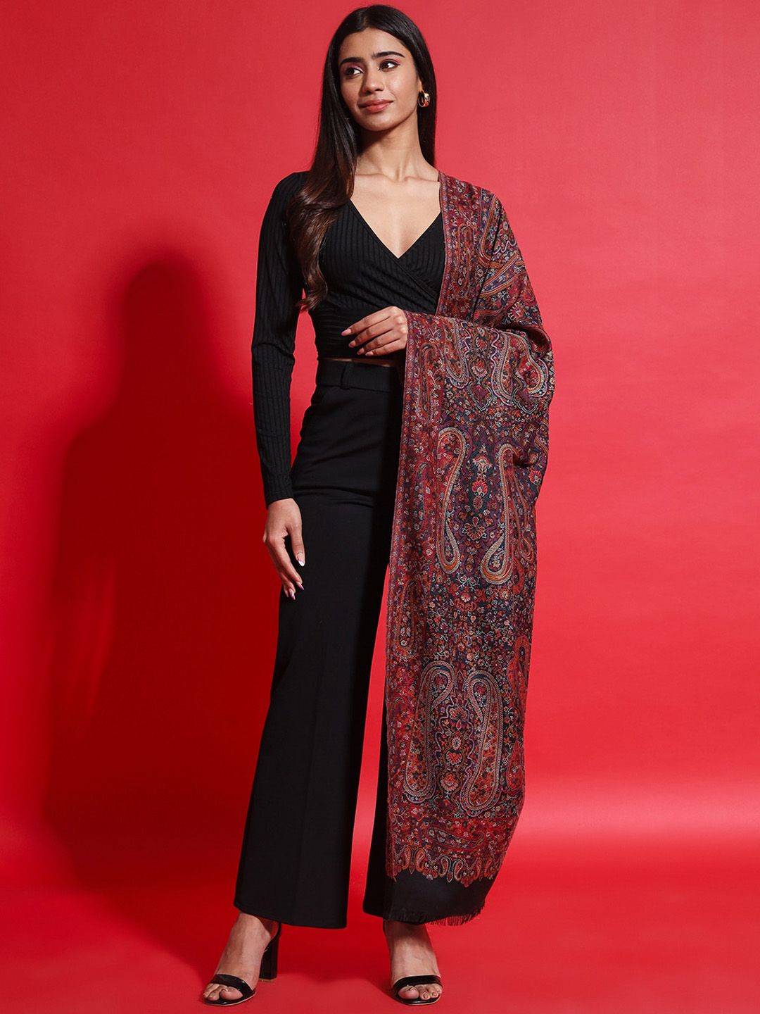 Zamour Paisley Woven Design Fringed Detail Pure Wool Shawl-image-45