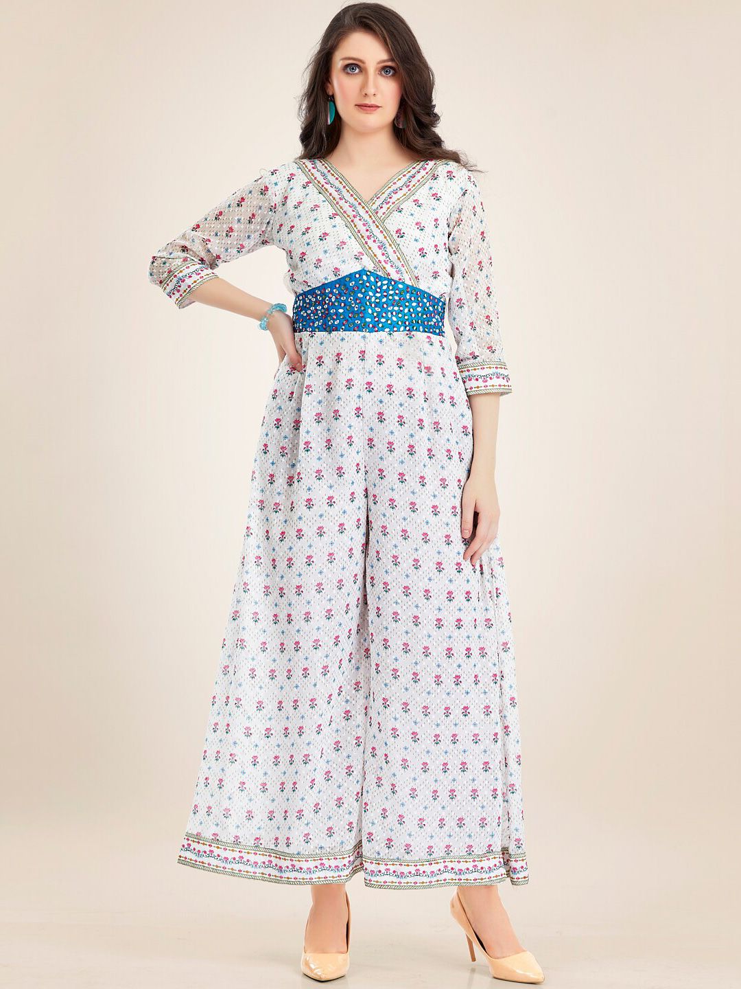 TWAM SUNDARA Printed V-Neck Cotton & Georgette Culotte Jumpsuit With Embroidered-picture-33