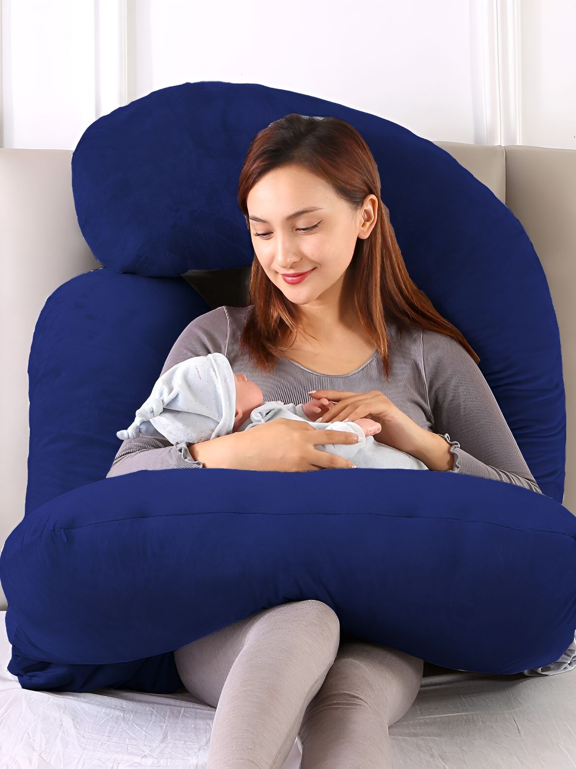 DADDY COOL Navy Blue Fibre Filled Faux Velvet J Shape Ultra Soft Maternity Pillow-picture-36