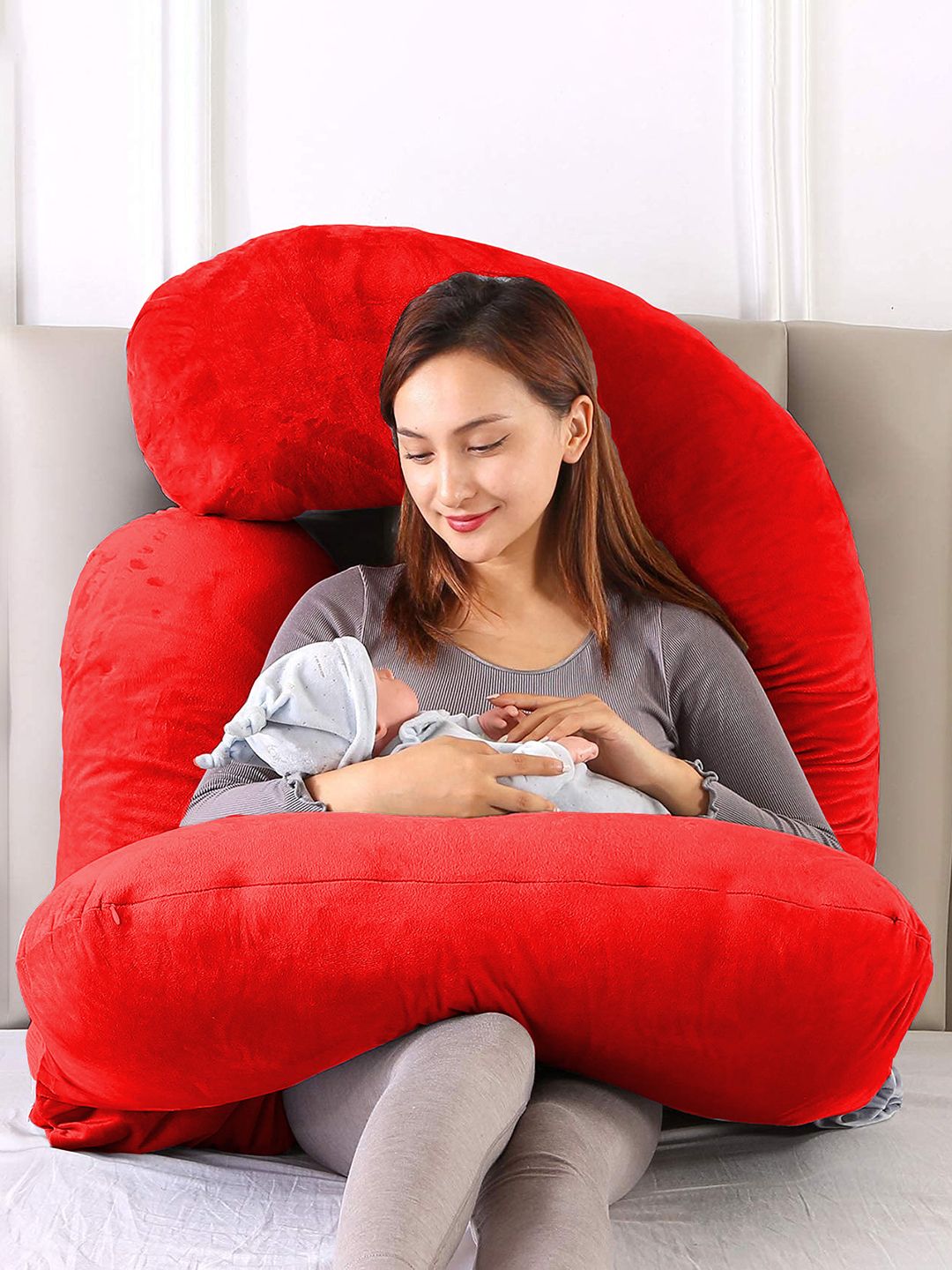 DADDY COOL Red Fibre Filled Faux Velvet  J Shape Ultra Soft Maternity Pillow-image-33
