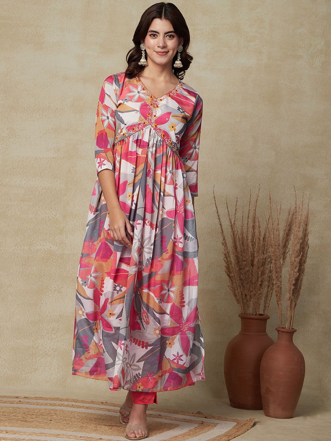 FASHOR Floral Printed Beads and Stones Empire Kurta With Trousers & Dupatta