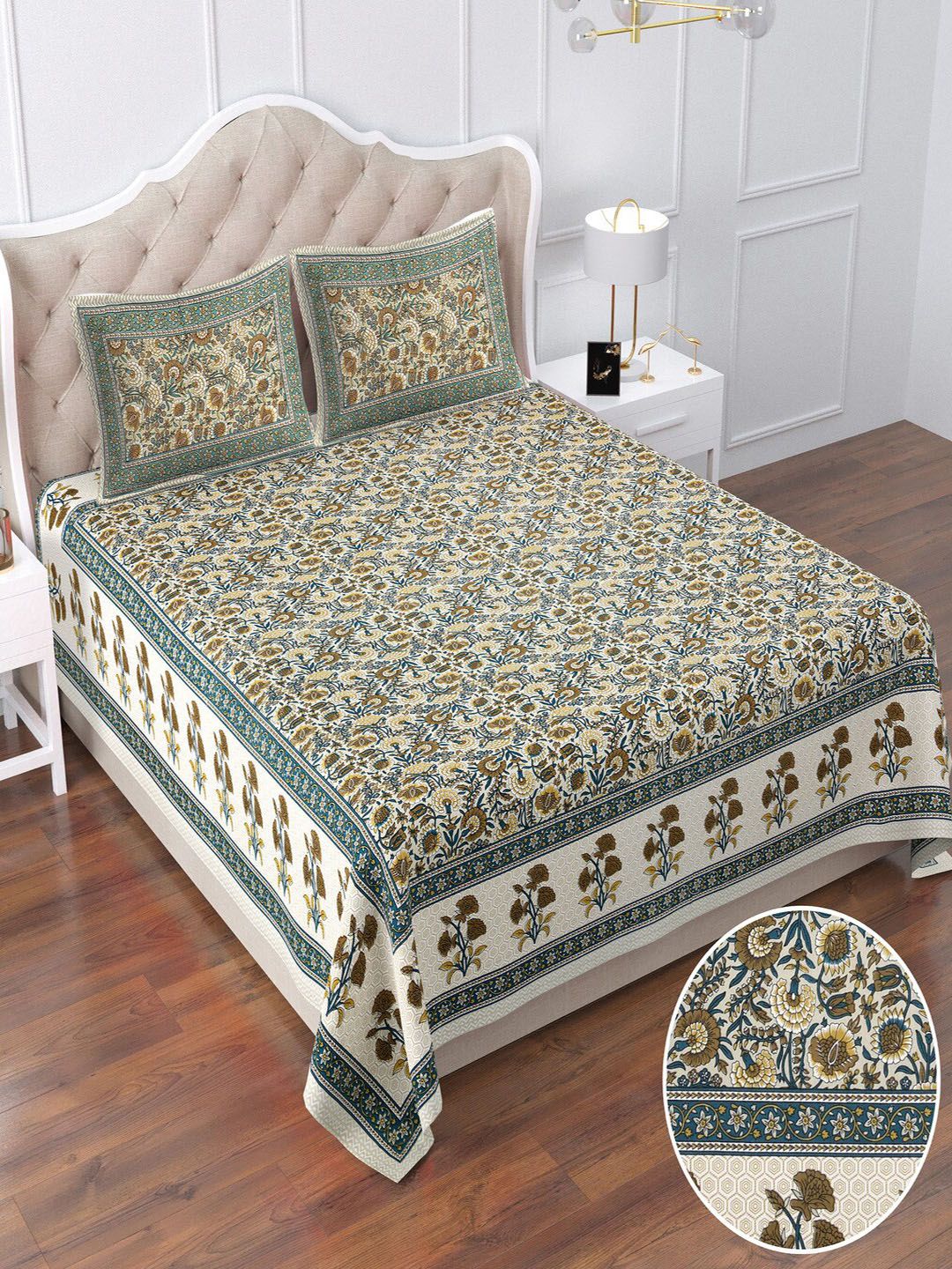 Qfab Green & White Floral Cotton 144 TC Queen Bedsheet With 2 Pillow Covers-picture-33