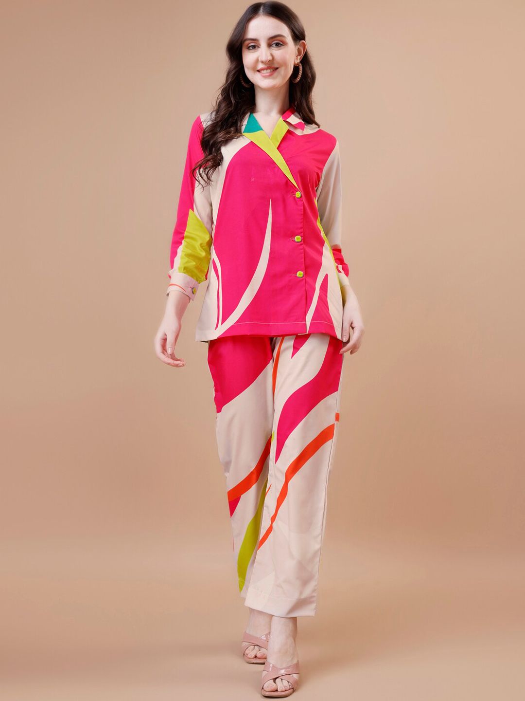 TWAM SUNDARA Abstract Printed Shawl Neck Top With Trousers-picture-18