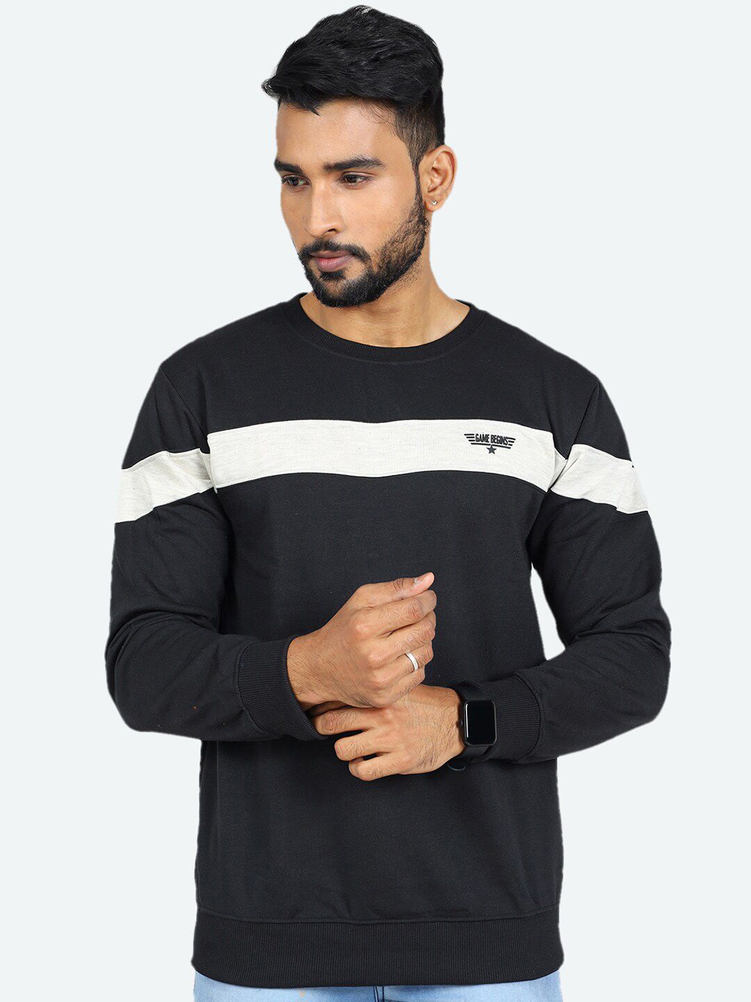 GAME BEGINS Striped Round Neck Long Sleeves Fleece Pullover Sweatshirt-picture-28