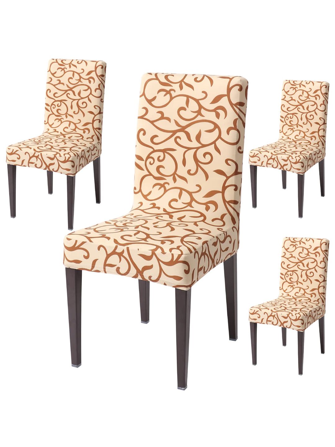 HOKIPO 4-Piece Beige & Brown Printed Stretchable Chair Covers-picture-36