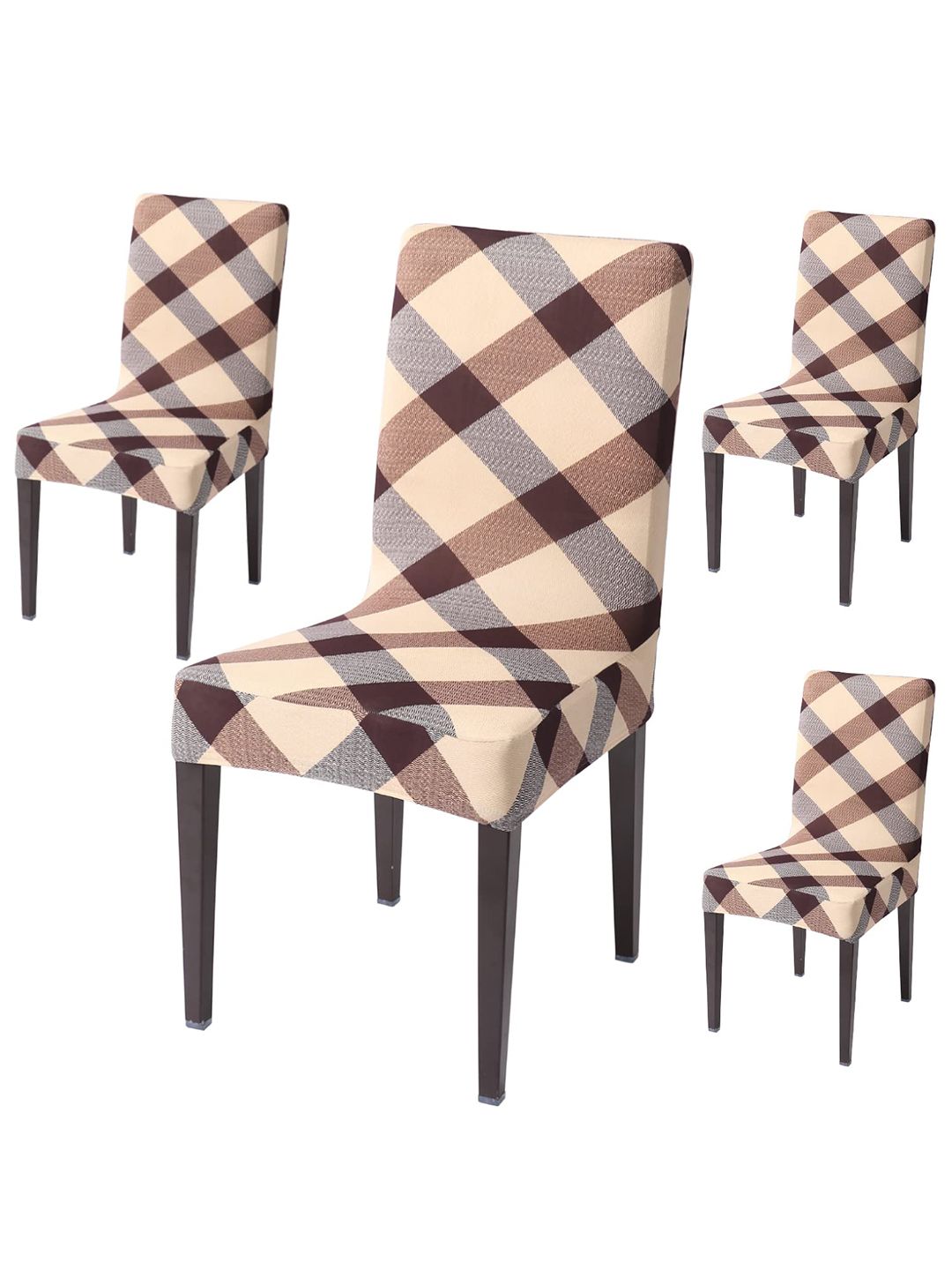 HOKIPO 4 Pieces Beige & Brown Printed Stretchable Chair Covers-picture-33