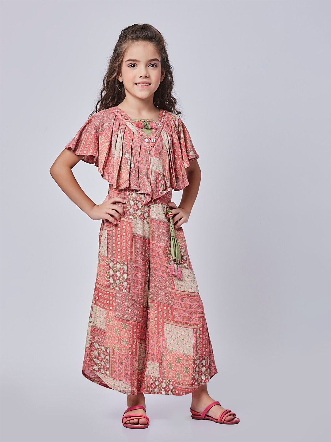 Peppermint Girls Ethnic Motifs Printed Flared Sleeves Waist Tie-Ups Basic Jumpsuit-picture-11