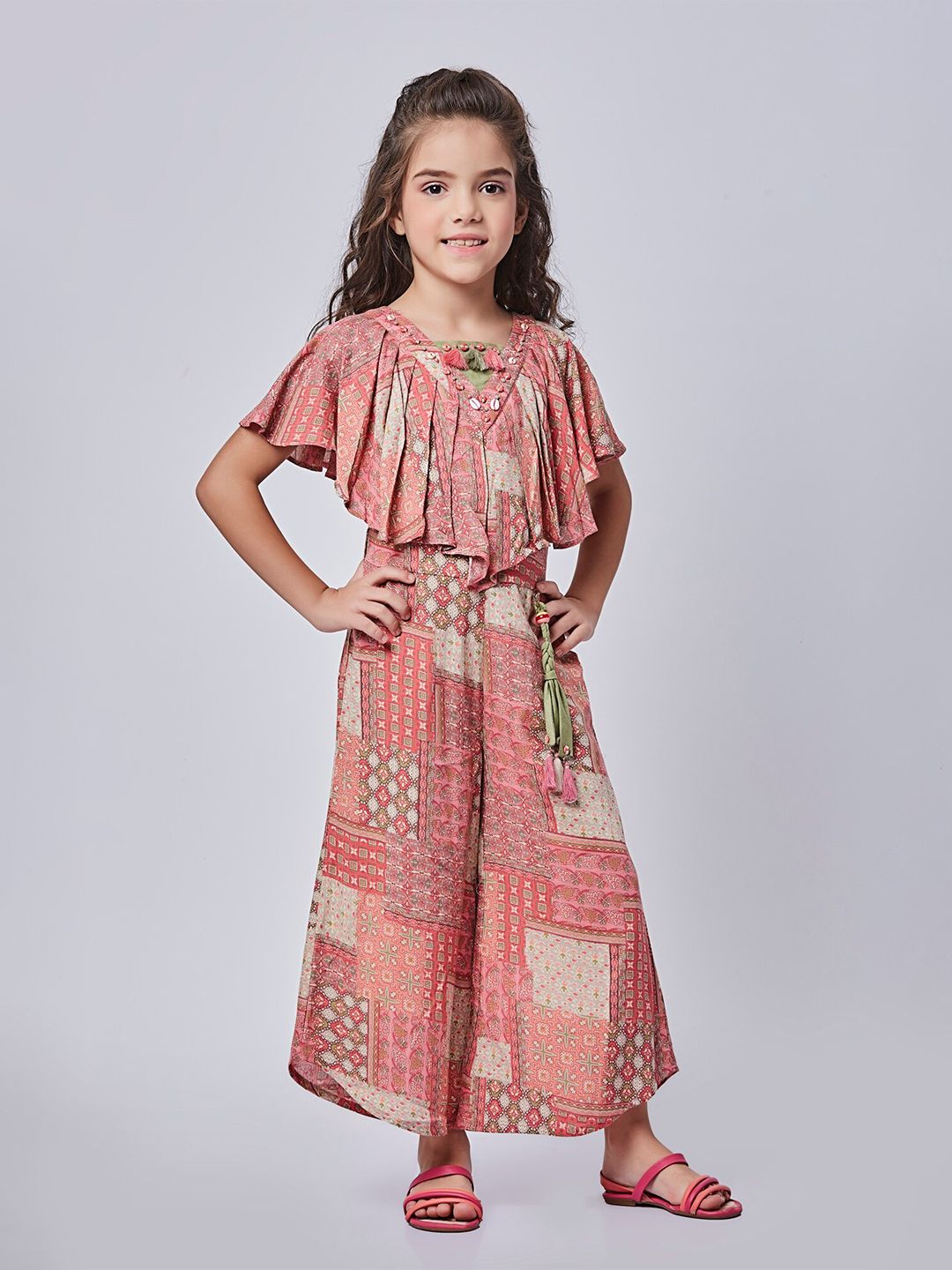 Peppermint Girls Ethnic Motifs Printed Flared Sleeves Waist Tie-Ups Basic Jumpsuit-picture-35