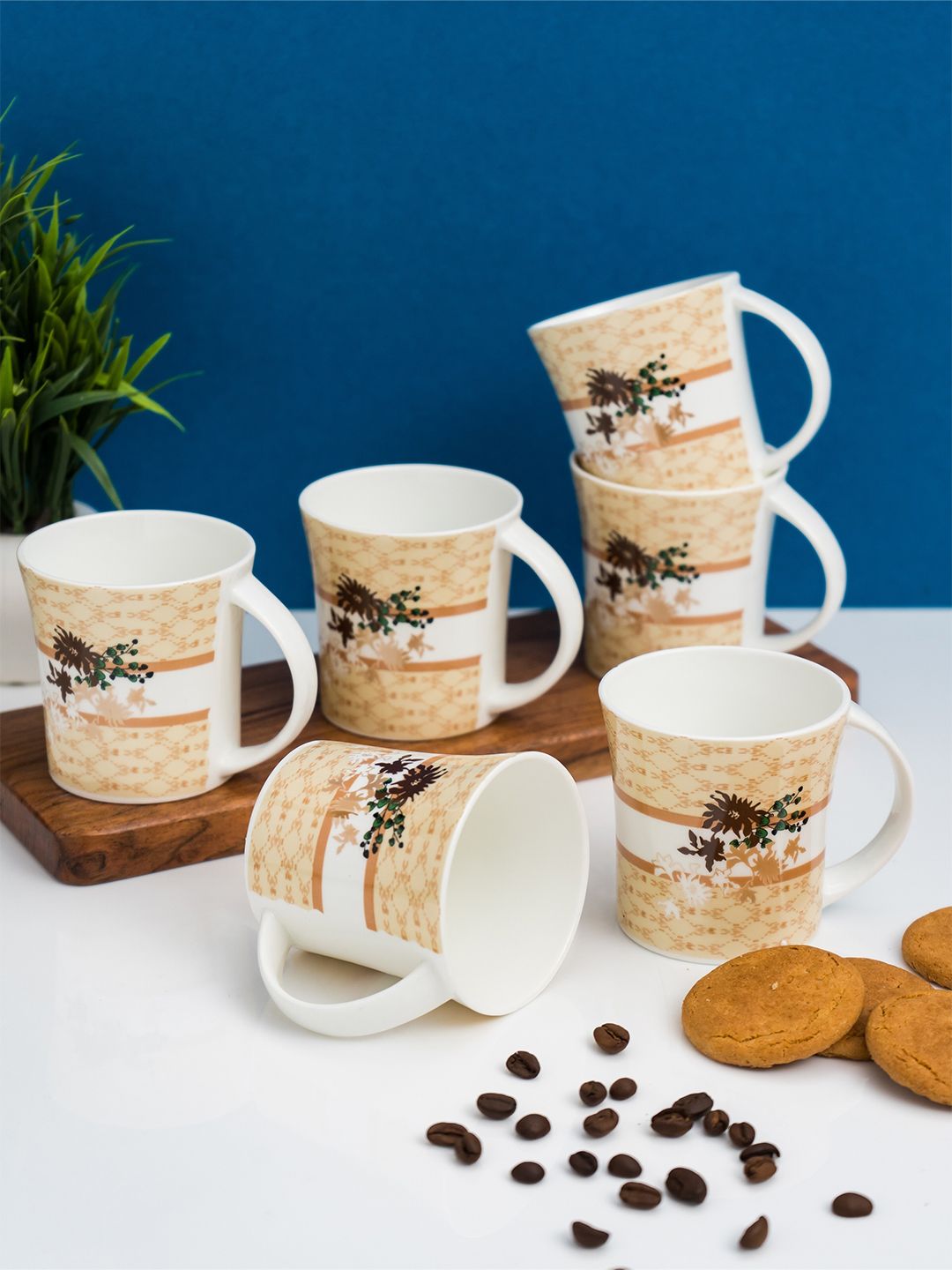 CLAY CRAFT White & Cream 6 Pieces Printed Ceramic Glossy Cups 200ml each-picture-38