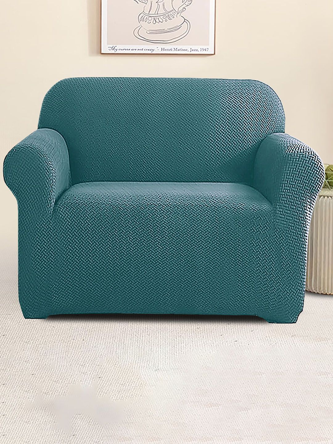 Cortina Teal Blue Self designed Jacquard Single seater Sofa Cover-image-10