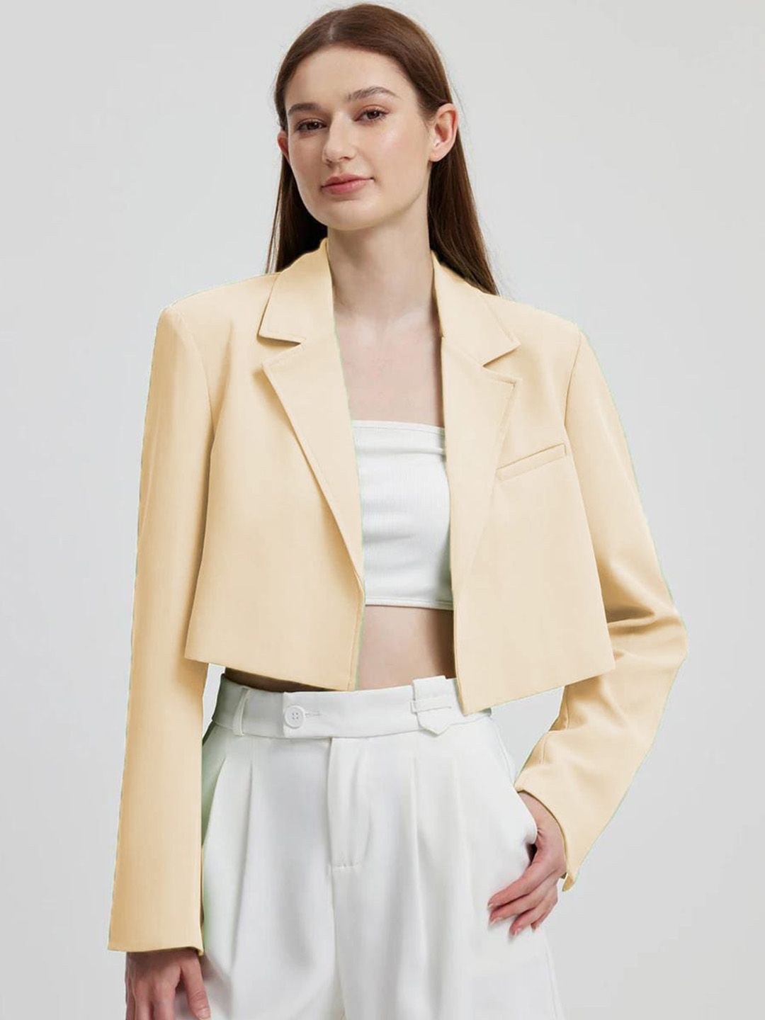 Kotty Beige Crop Notched Lapel Collar Regular Fit Blazer-image-19