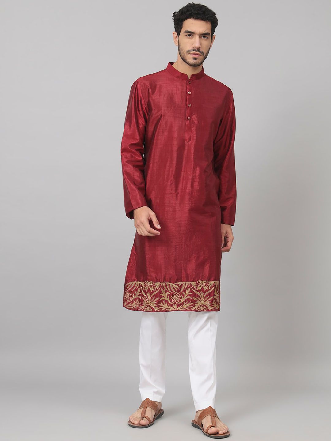 HILO DESIGN Ethnic Motifs Embroidered Mandarin Collar Cotton Silk Kurta-picture-10