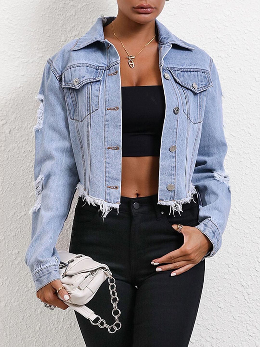 StyleCast Blue Crop Cotton Denim Jacket-picture-14