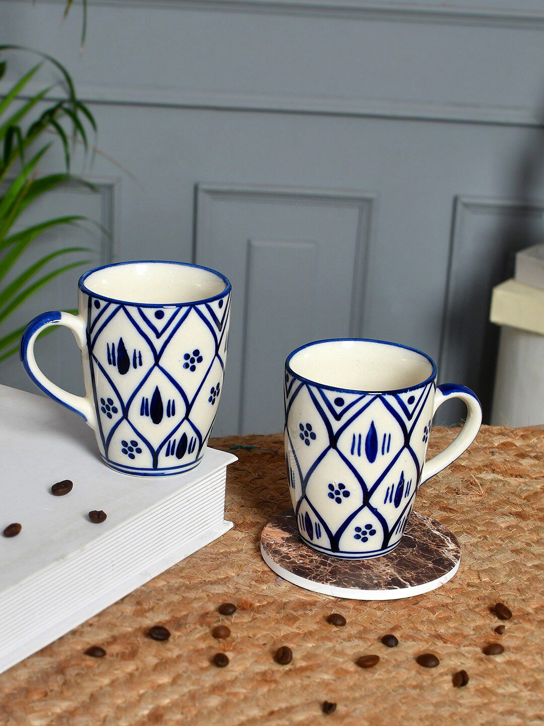 Aapno Rajasthan White & Blue 2 Pieces Printed Ceramic Glossy Cups and Mugs-image-19