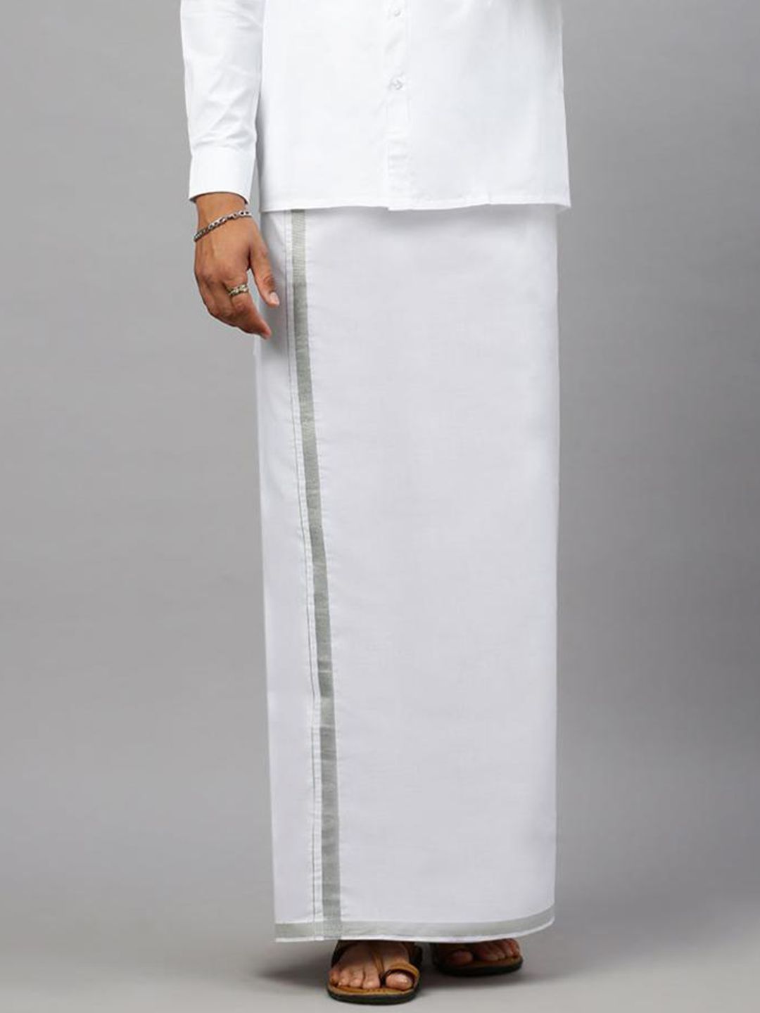 Ramraj Men Cotton White Solid Silver Jari Border Single Layer Dhoti-picture-31