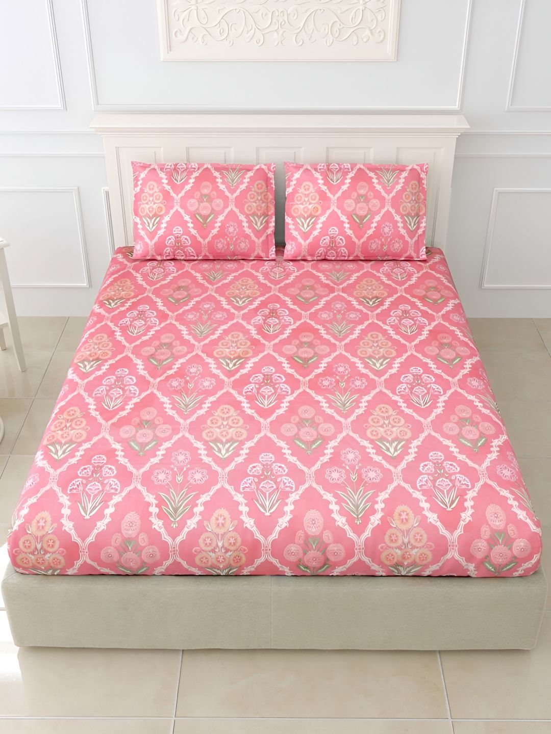 Urban Jaipur Pink & Green Floral Microfiber 144 TC King Bedsheet with 2 Pillow Covers-picture-27