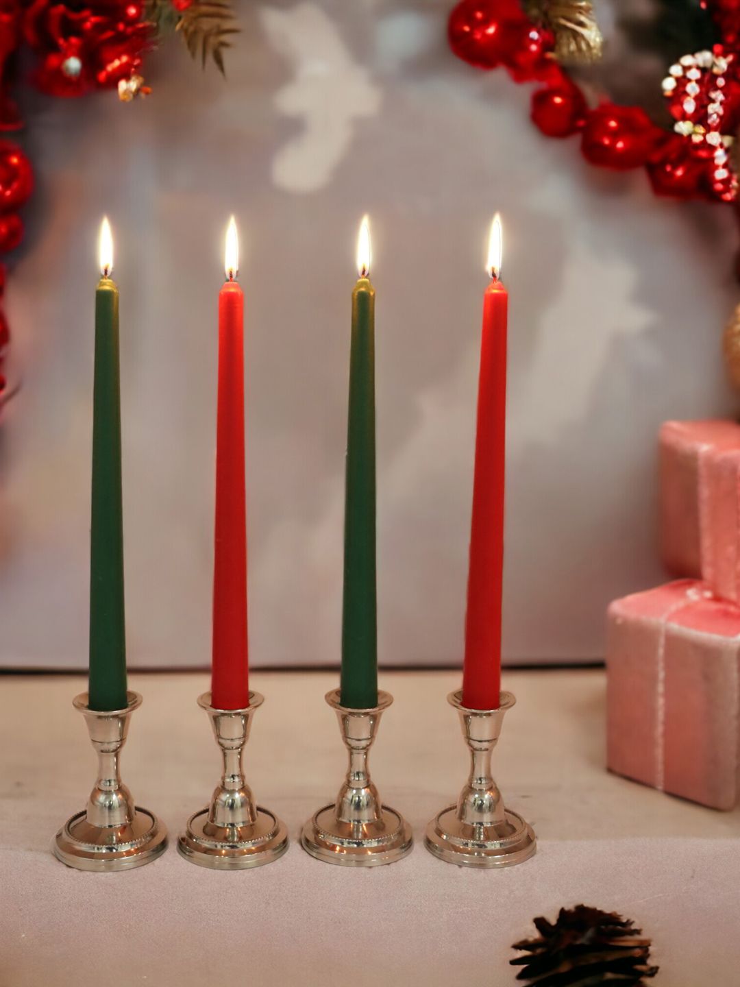 HOSLEY Red & Green 4 Pieces Unscented Taper Candles-picture-18