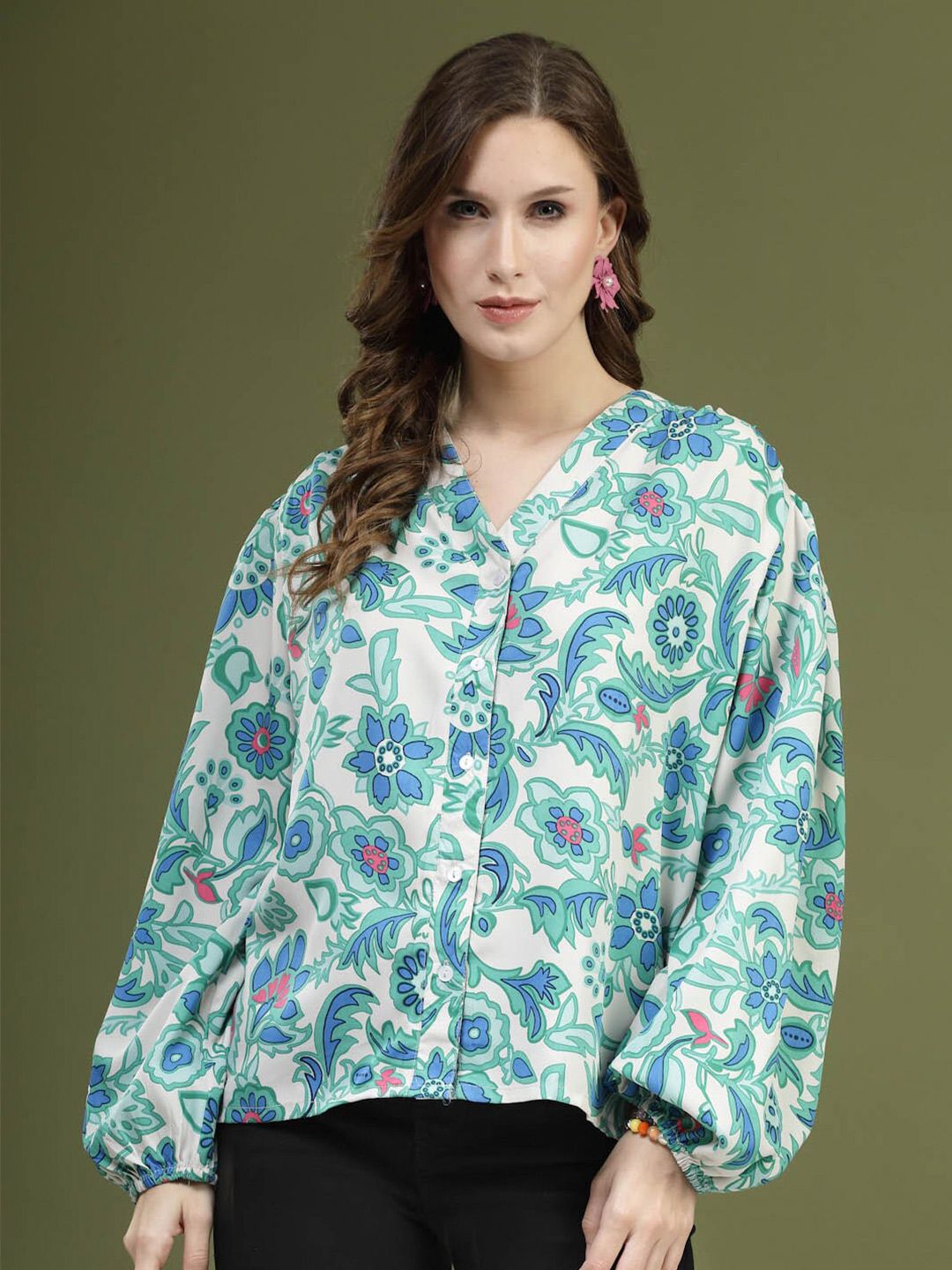 plusS Green & White Floral Printed Shirt Style Top-picture-30